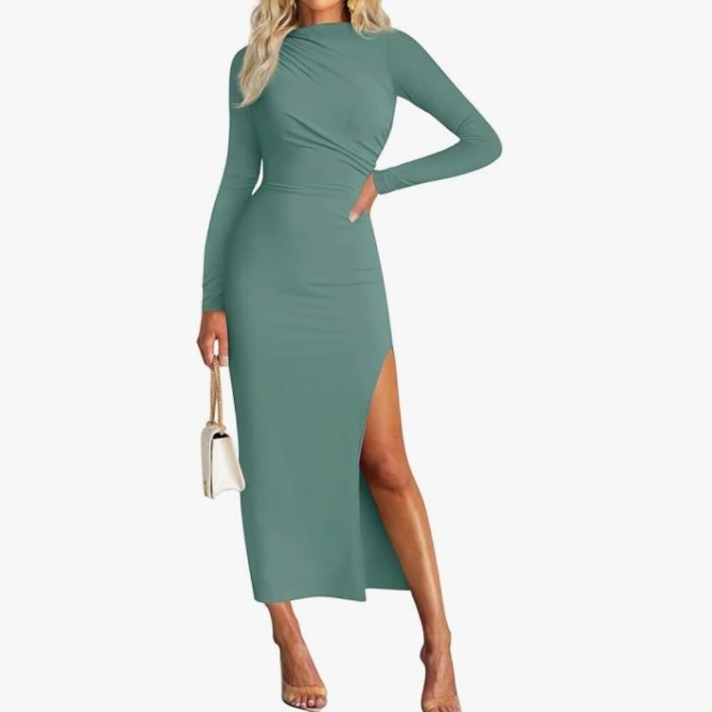 MIROL Women's Long Sleeve Maxi Dress Mock Neck Slit Ruched - NEW - Size XL